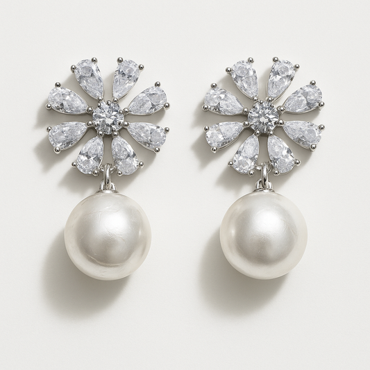 Nadri-inspired Cubic Zirconia Flower & Pearl Drop Earrings