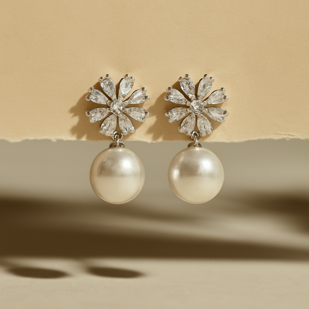 Nadri-inspired Cubic Zirconia Flower & Pearl Drop Earrings