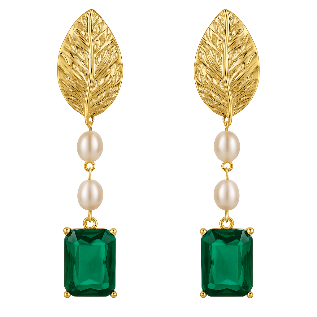 Emerald Enchantress Leaf Pearl Drop Earrings