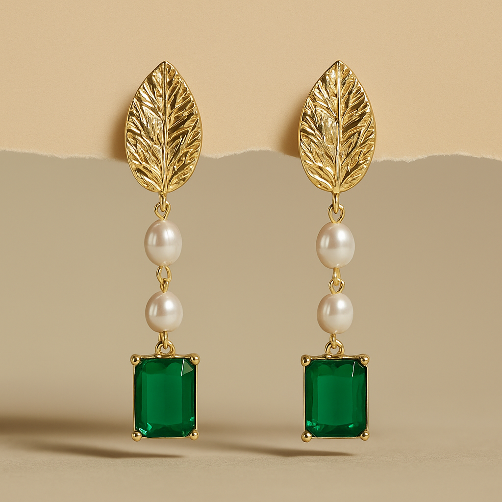 Emerald Enchantress Leaf Pearl Drop Earrings