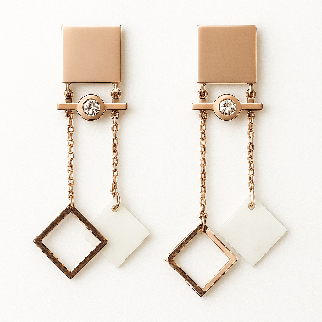 Geometric Rose Gold Dangler Earrings with Crystal Accent