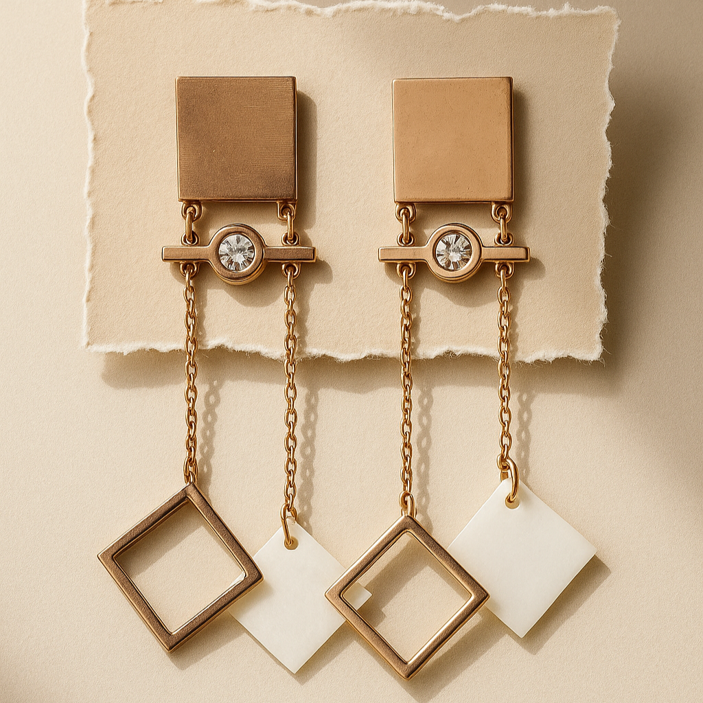 Geometric Rose Gold Dangler Earrings with Crystal Accent