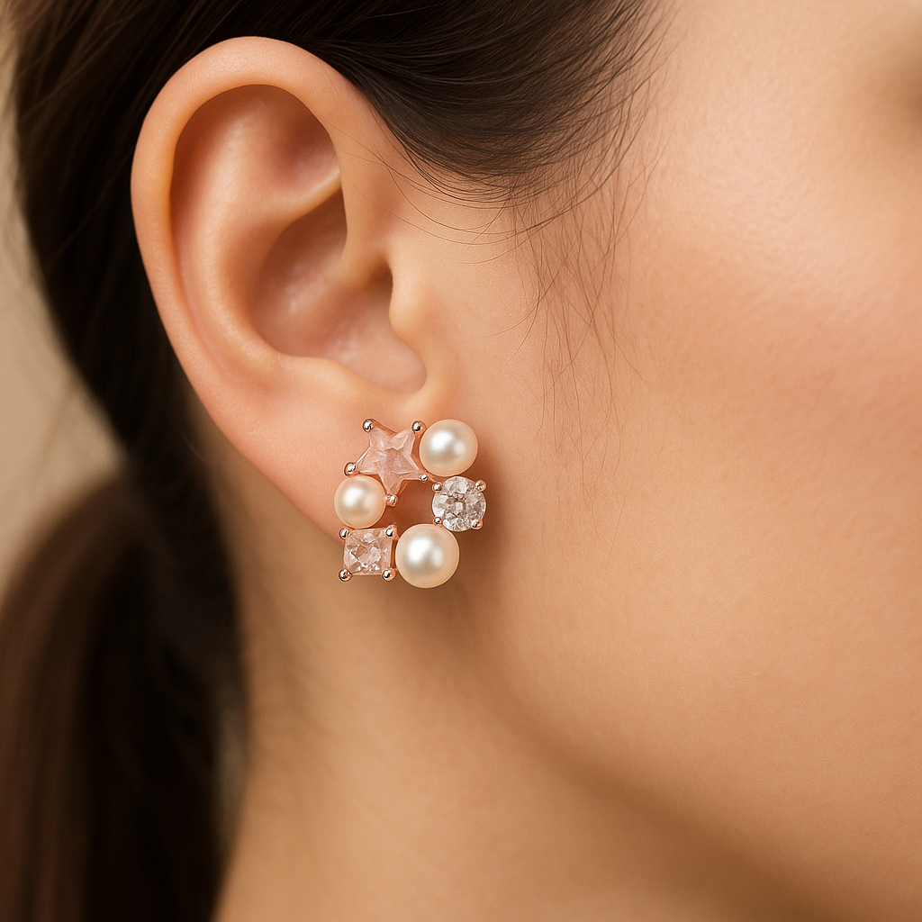 Celestial Sparkle Pearl & Star Stud Earrings