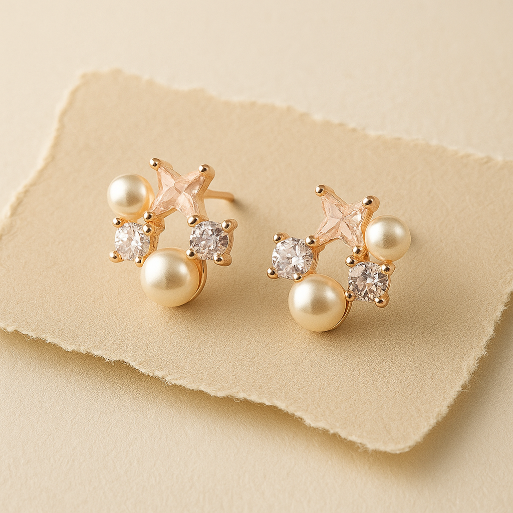 Celestial Sparkle Pearl & Star Stud Earrings