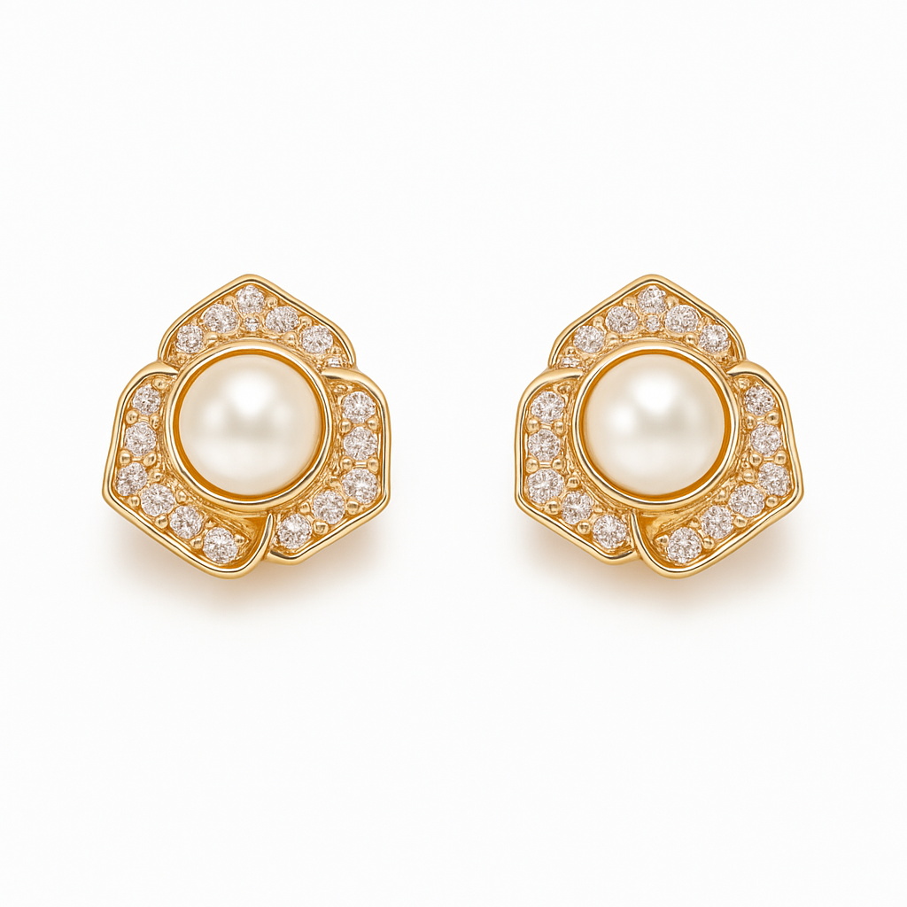 Elegant Rose Gold Pearl & Diamond Bloom Stud Earrings