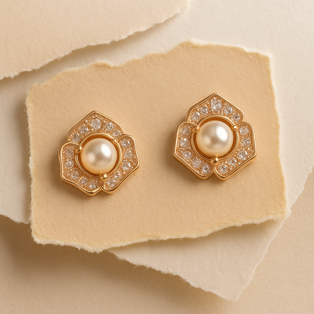 Elegant Rose Gold Pearl & Diamond Bloom Stud Earrings