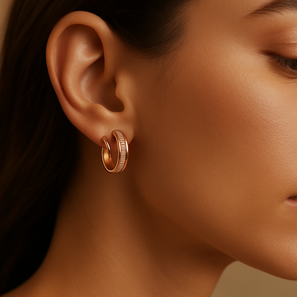 Rose Gold Baguette Sparkle Hoop Earrings