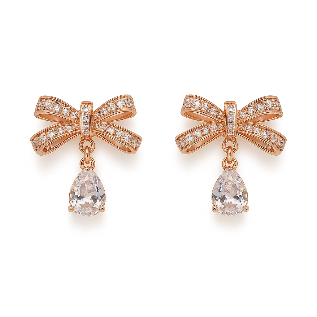 Rose Gold Sparkle Bow & Teardrop Dangle Earrings