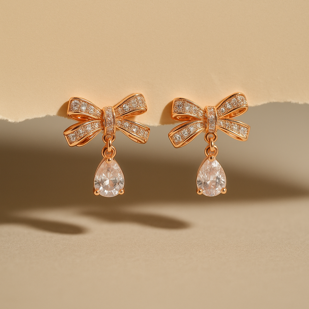 Rose Gold Sparkle Bow & Teardrop Dangle Earrings