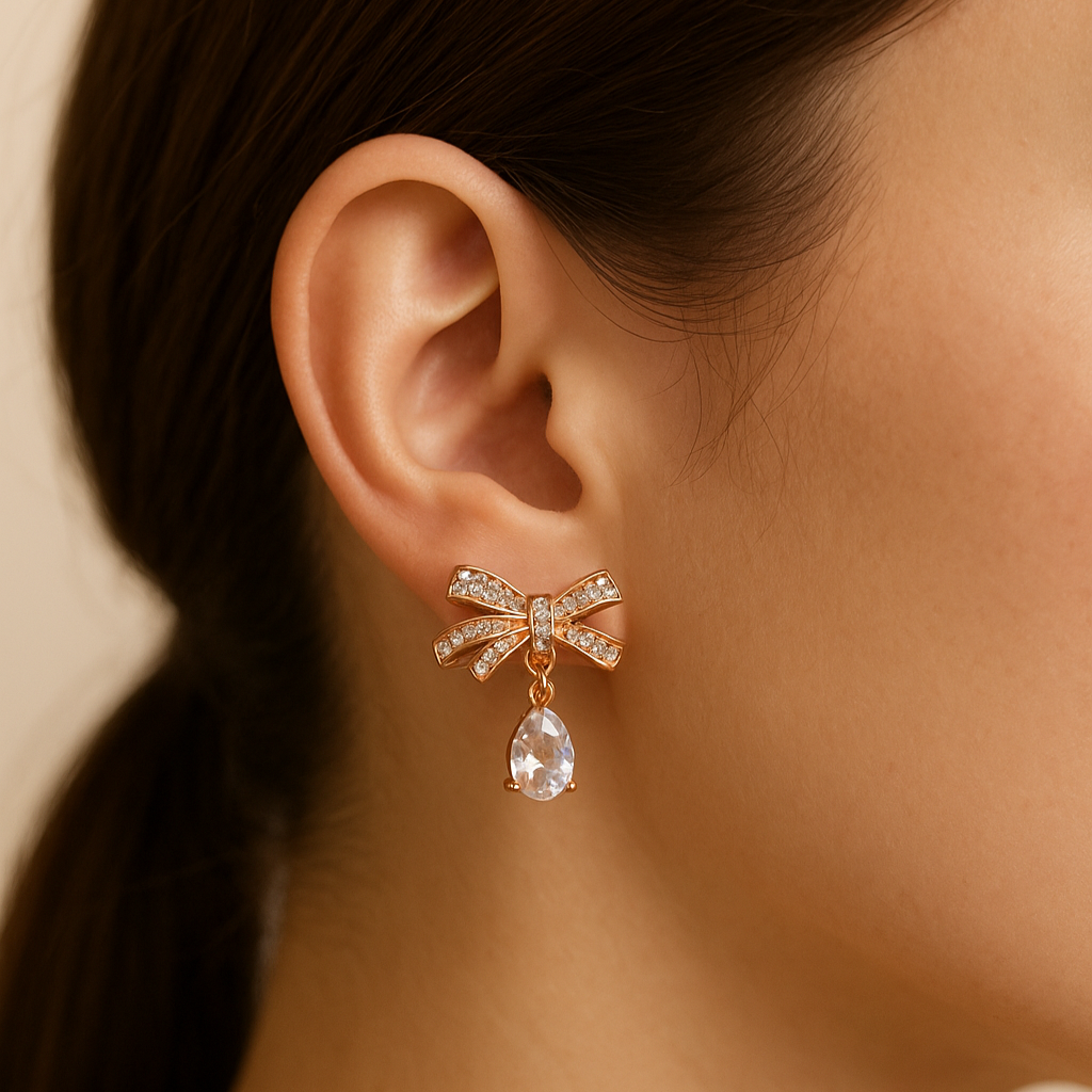 Rose Gold Sparkle Bow & Teardrop Dangle Earrings