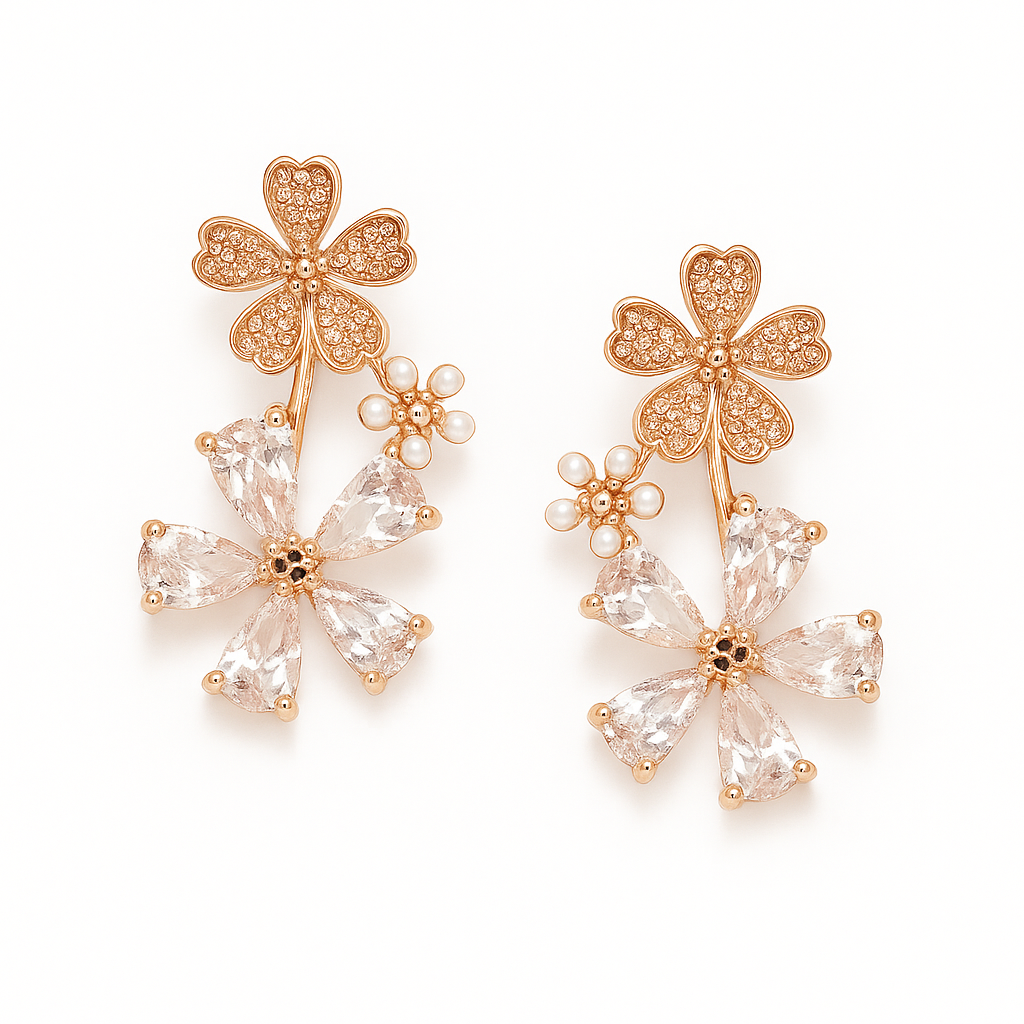 Rose Gold Blossom Cascade Crystal Drop Earrings