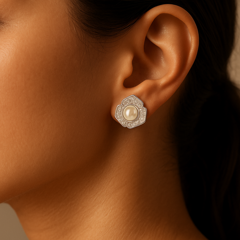 Elegant Rose Gold Pearl & Diamond Bloom Stud Earrings