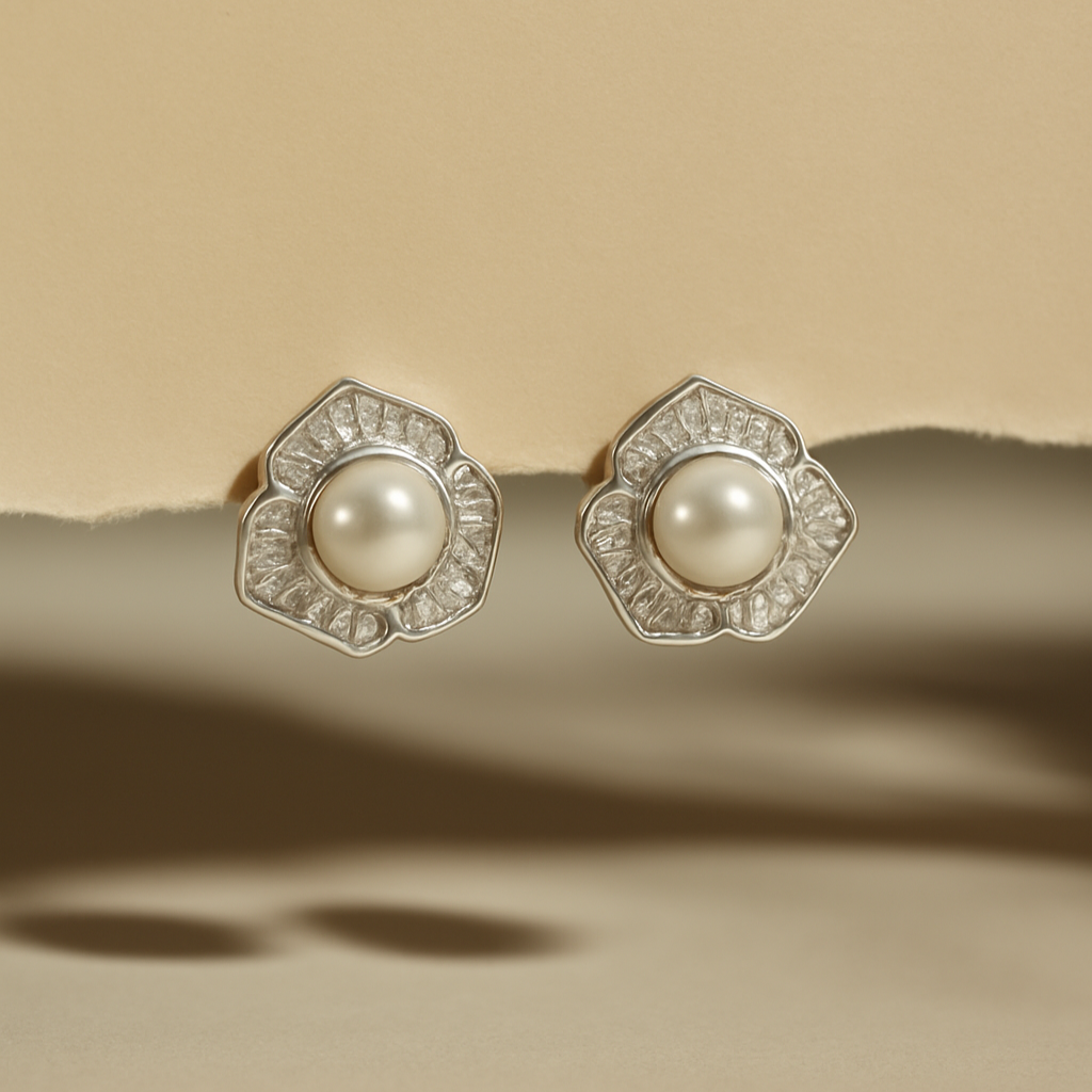 Elegant Rose Gold Pearl & Diamond Bloom Stud Earrings