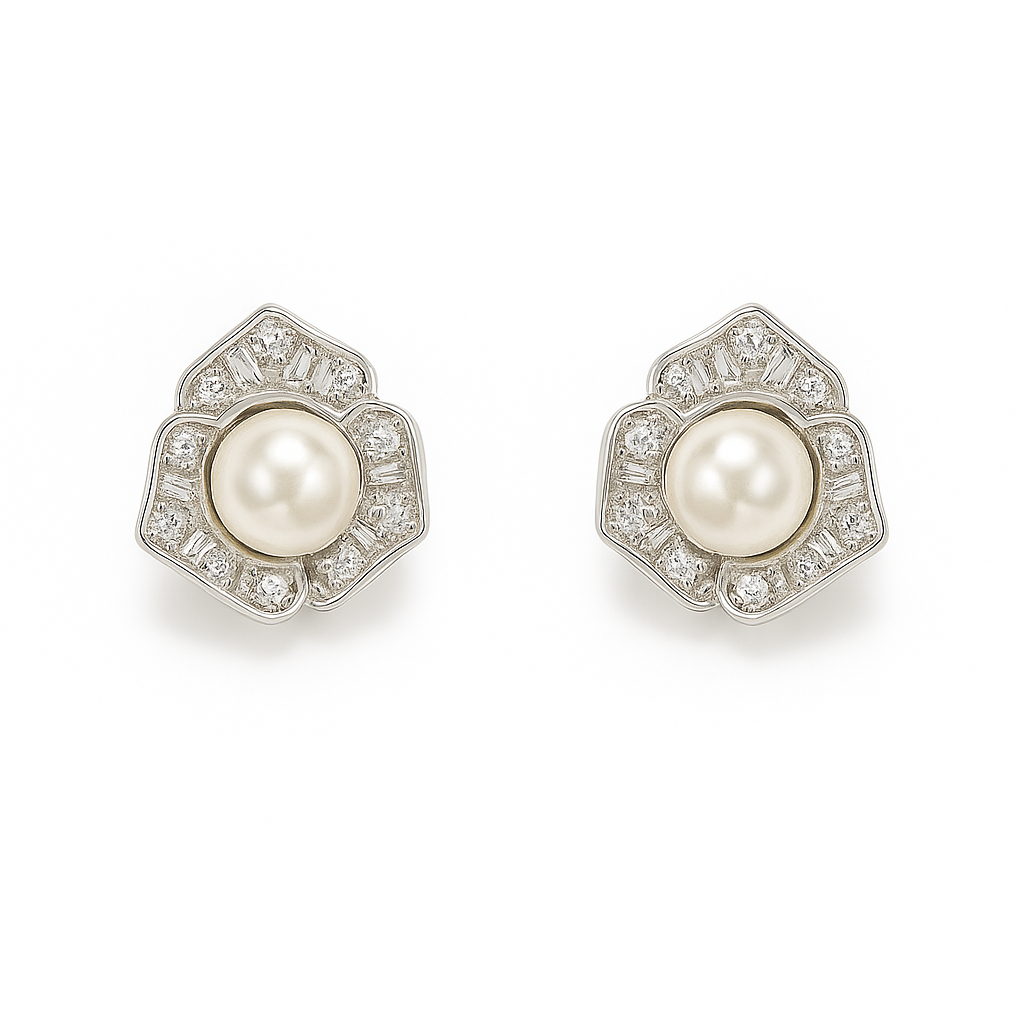 Elegant Rose Gold Pearl & Diamond Bloom Stud Earrings