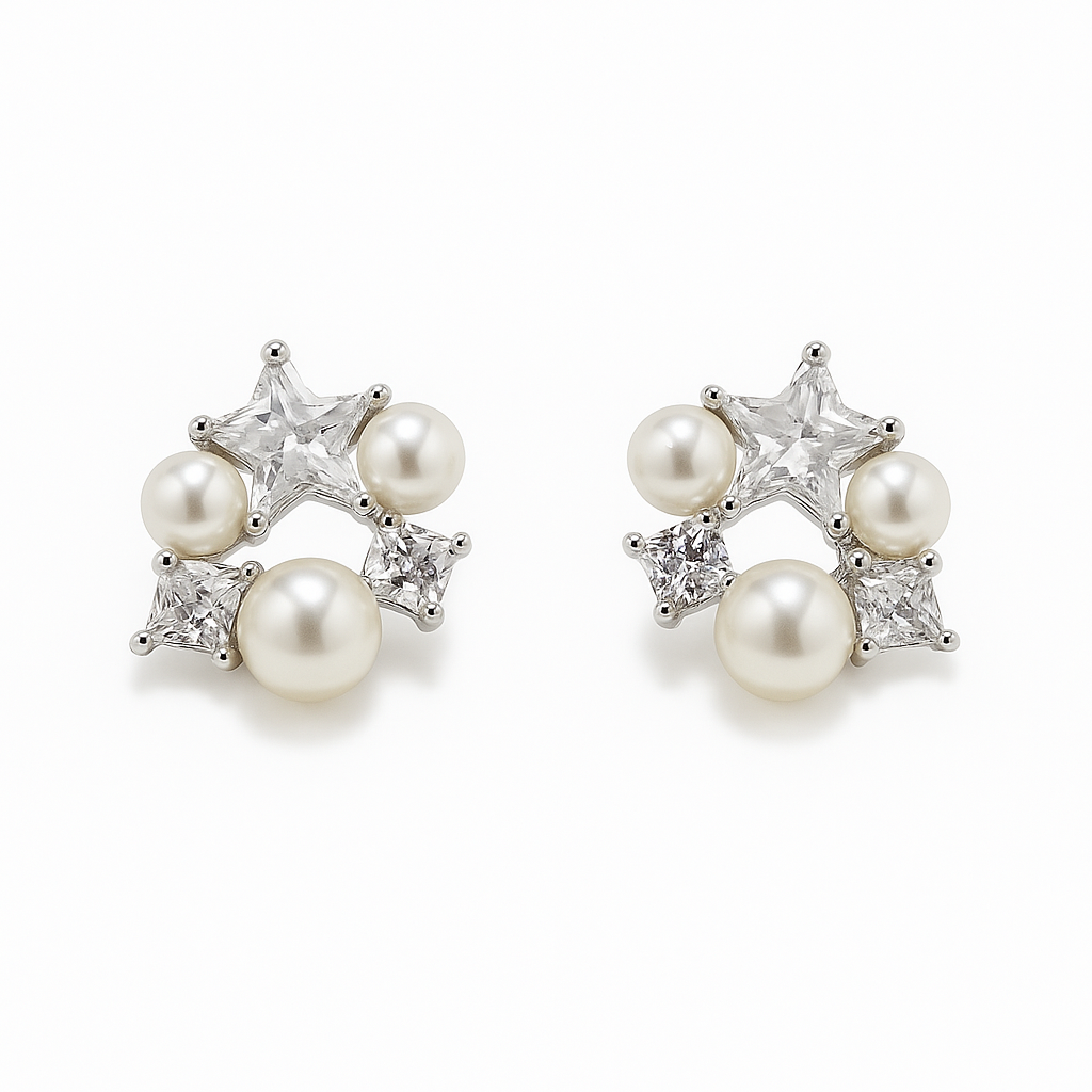 Celestial Sparkle Pearl & Star Stud Earrings