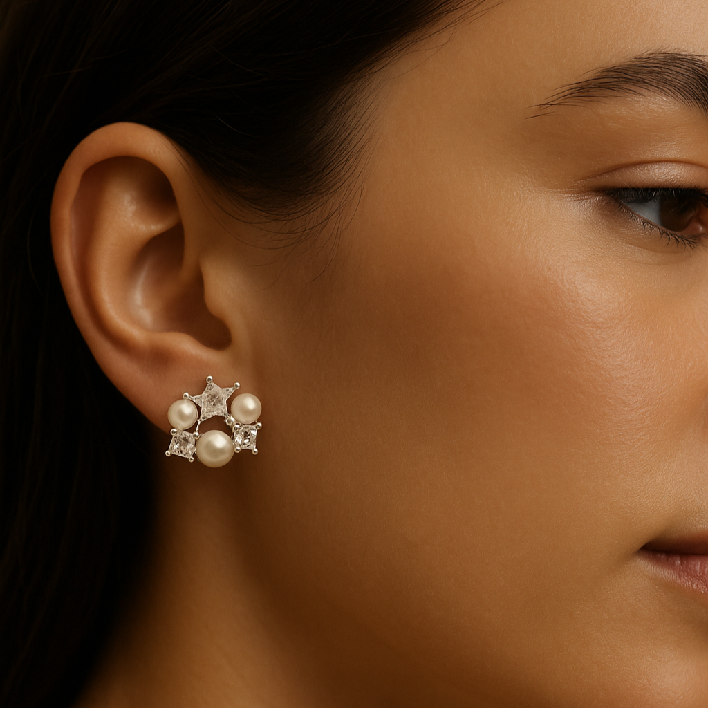 Celestial Sparkle Pearl & Star Stud Earrings