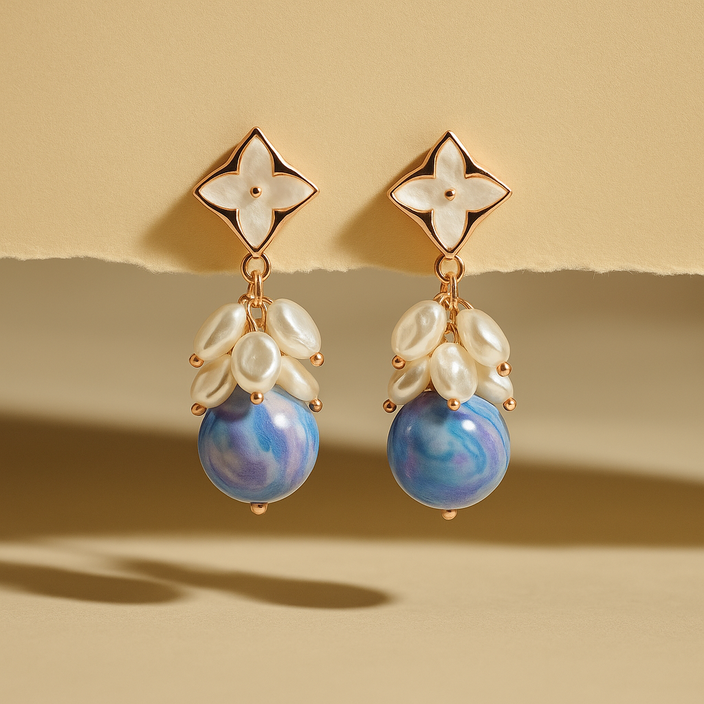 Elegant Blossom Pearl & Blue Agate Drop Earrings