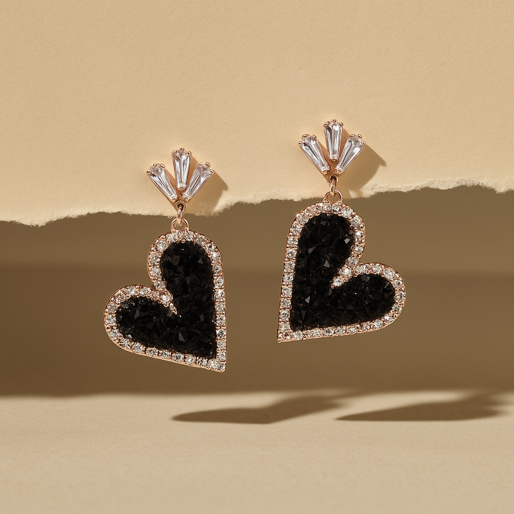 Rose Gold Onyx Heart Dangle Earrings
