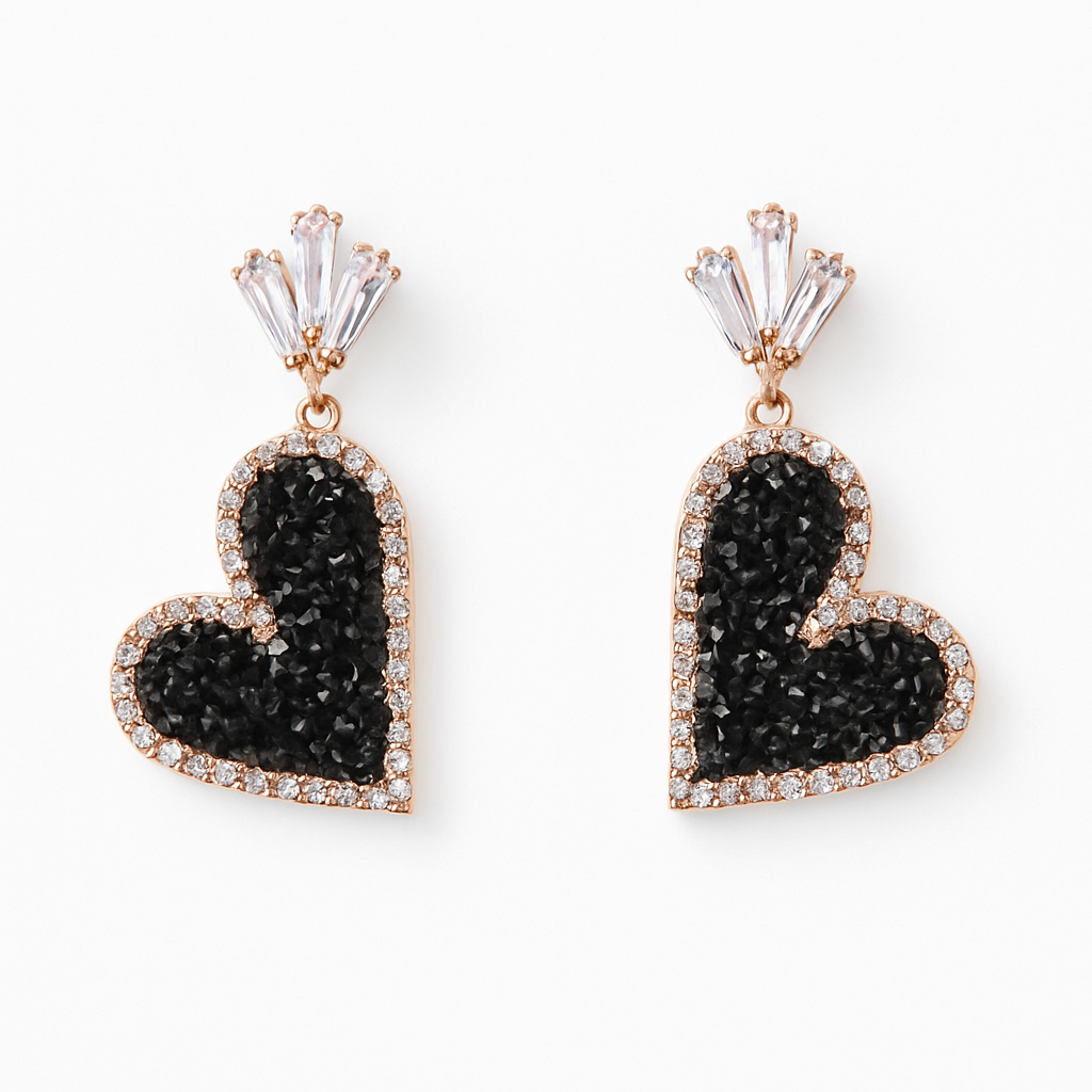 Rose Gold Onyx Heart Dangle Earrings