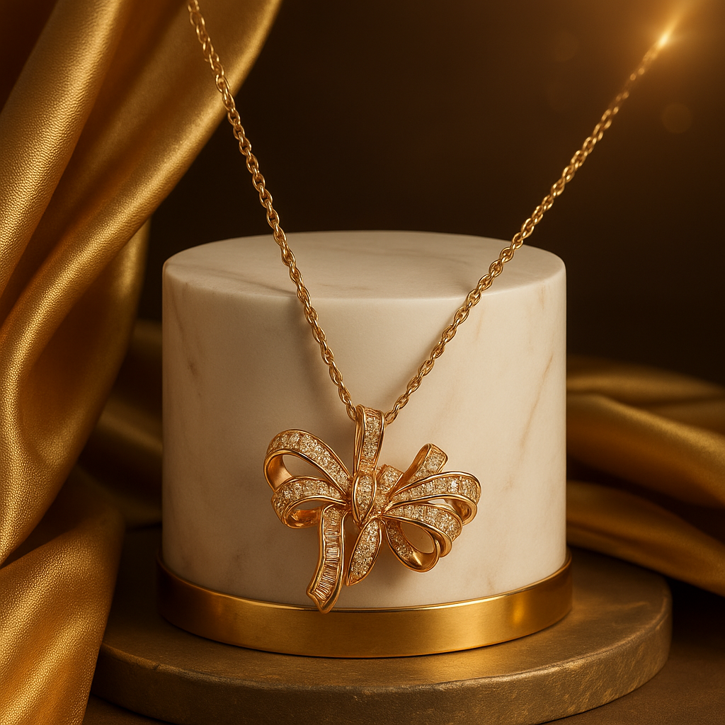 Elegant Diamond Bow Knot Pendant Necklace in Gold