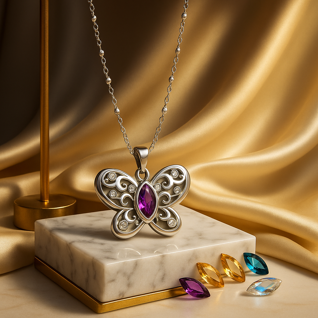 "Flutter & Adorn" Interchangeable Gemstone Butterfly Pendant Necklace