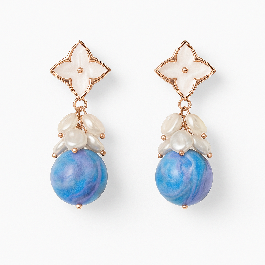 Elegant Blossom Pearl & Blue Agate Drop Earrings