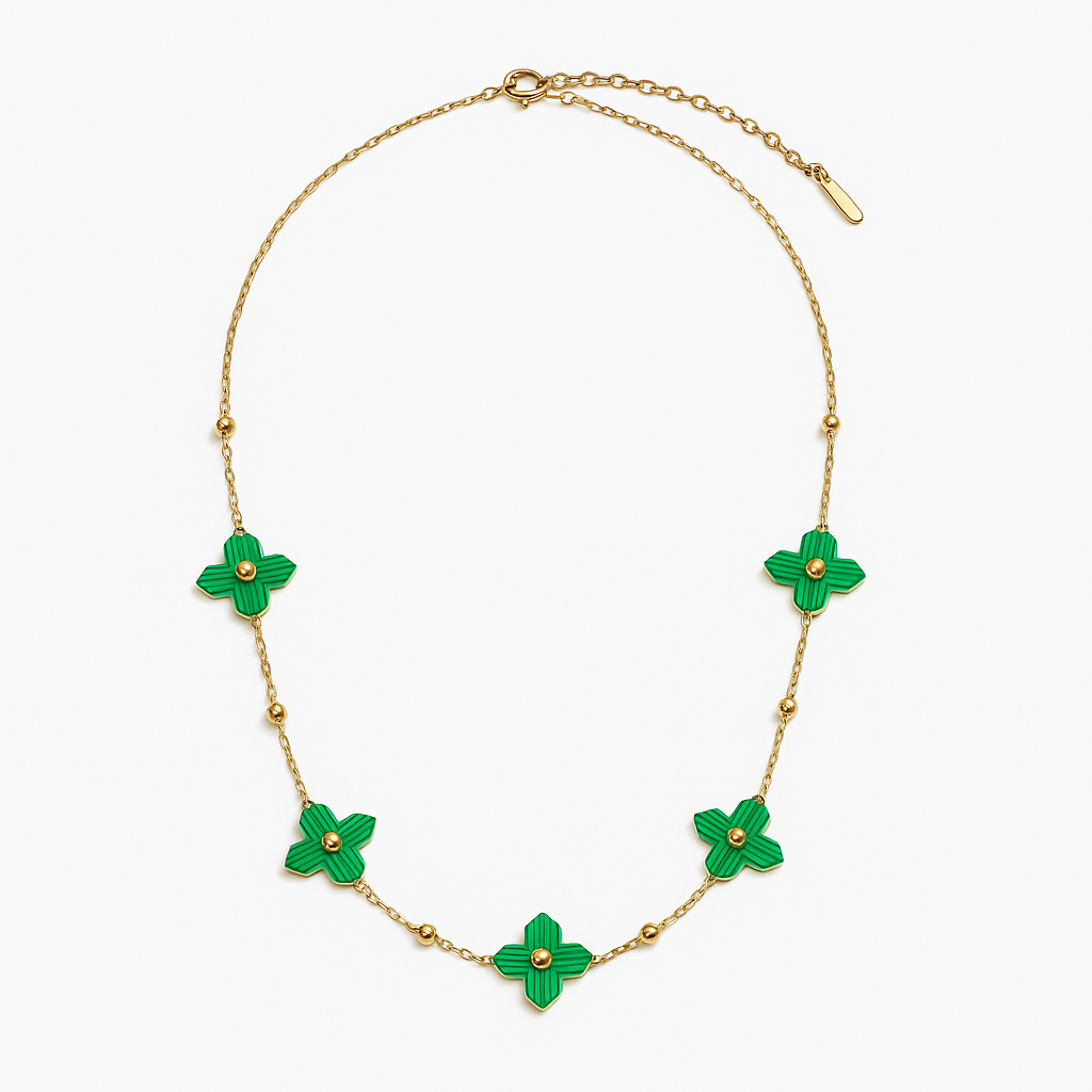 Golden Clover Cascade Necklace with Lucky Malachite Green Charms