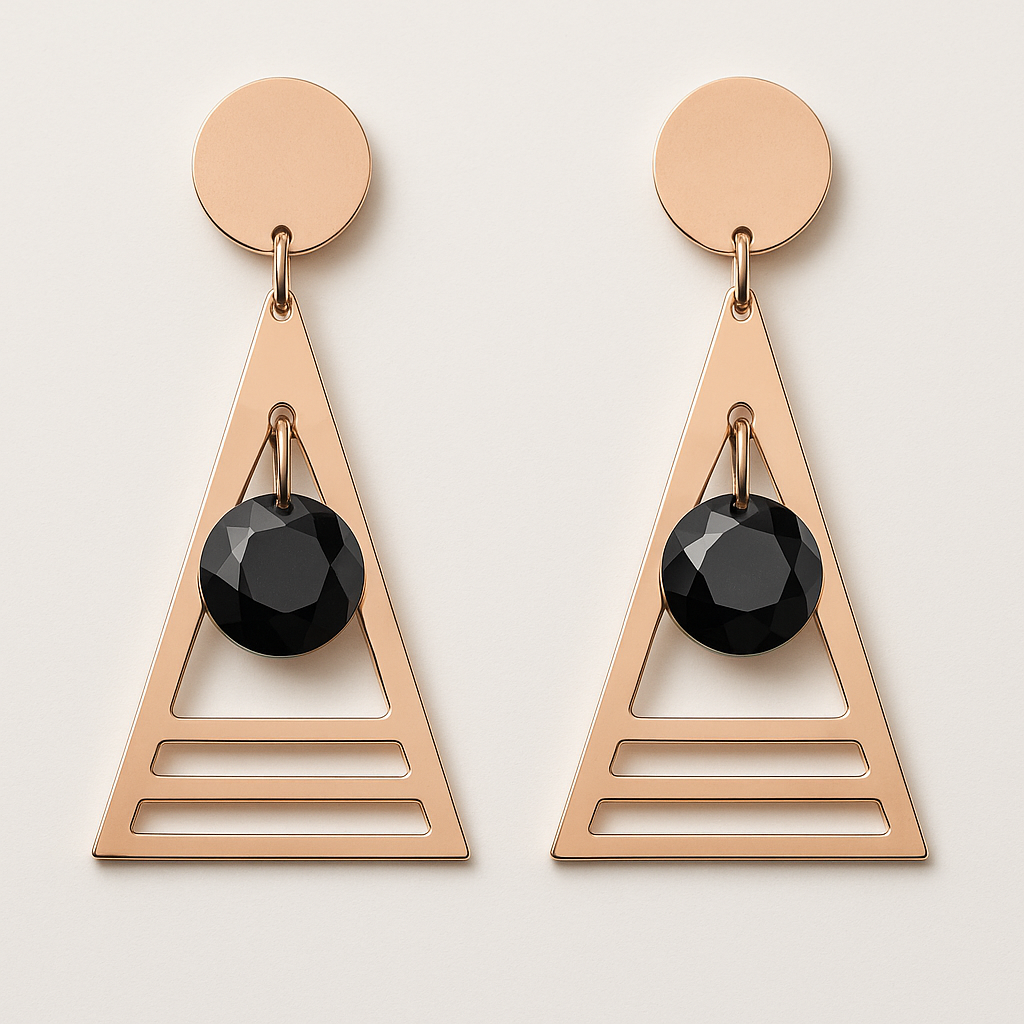 Rose Gold Geometric Triangle Drop Earrings with Black Stone