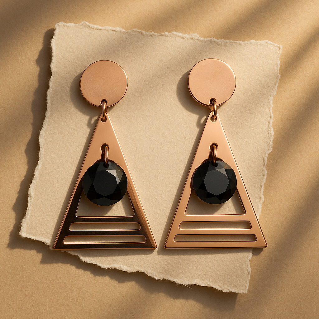 Rose Gold Geometric Triangle Drop Earrings with Black Stone