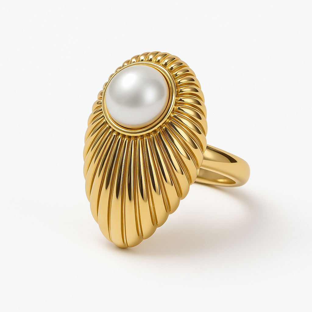 Golden Ribbed Pearl Statement Ring