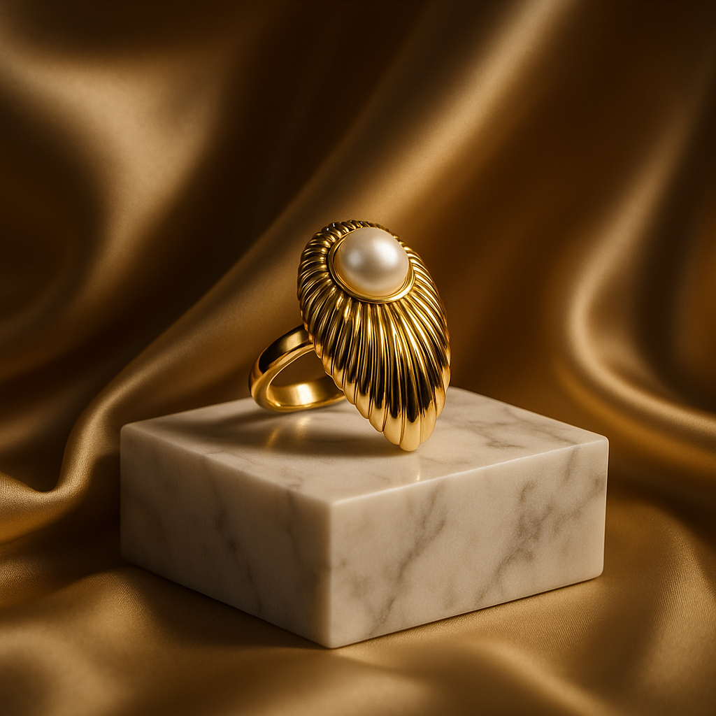 Golden Ribbed Pearl Statement Ring