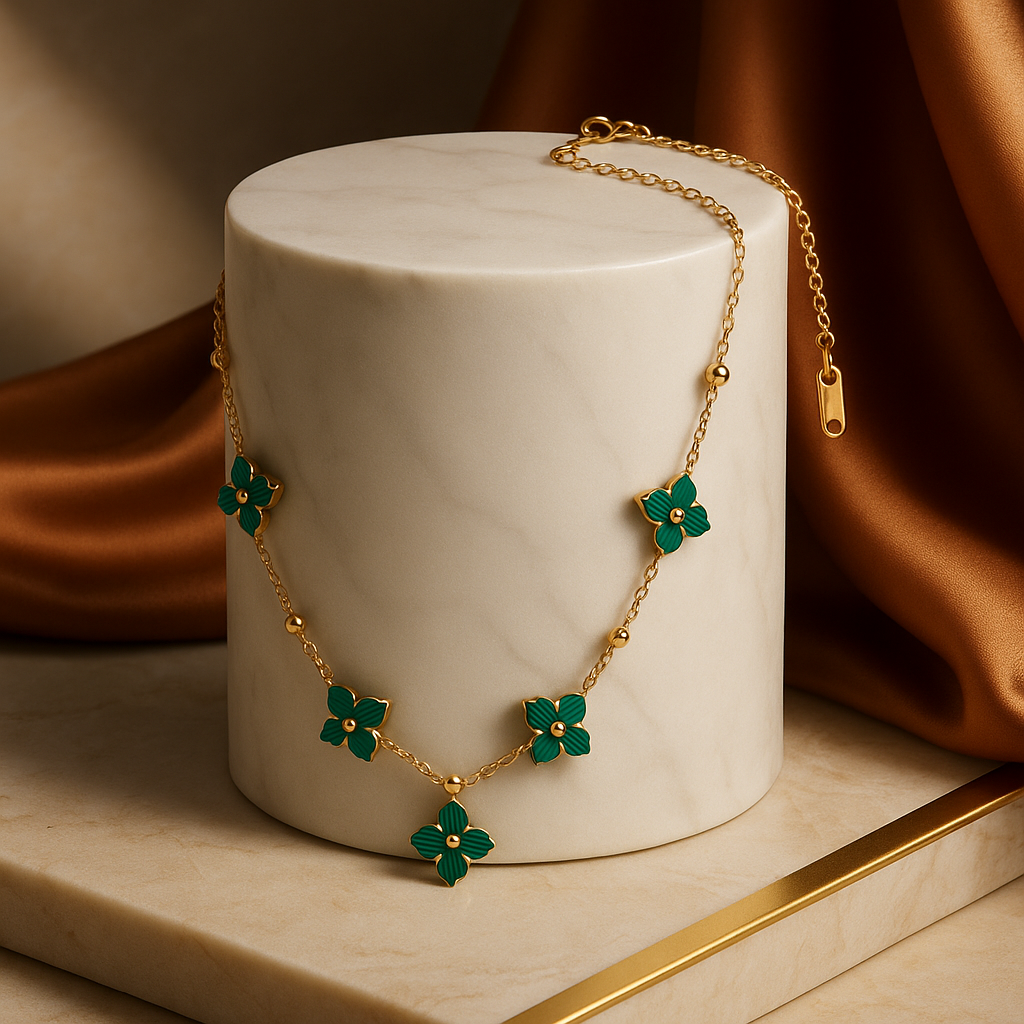 Golden Clover Cascade Necklace with Lucky Malachite Green Charms