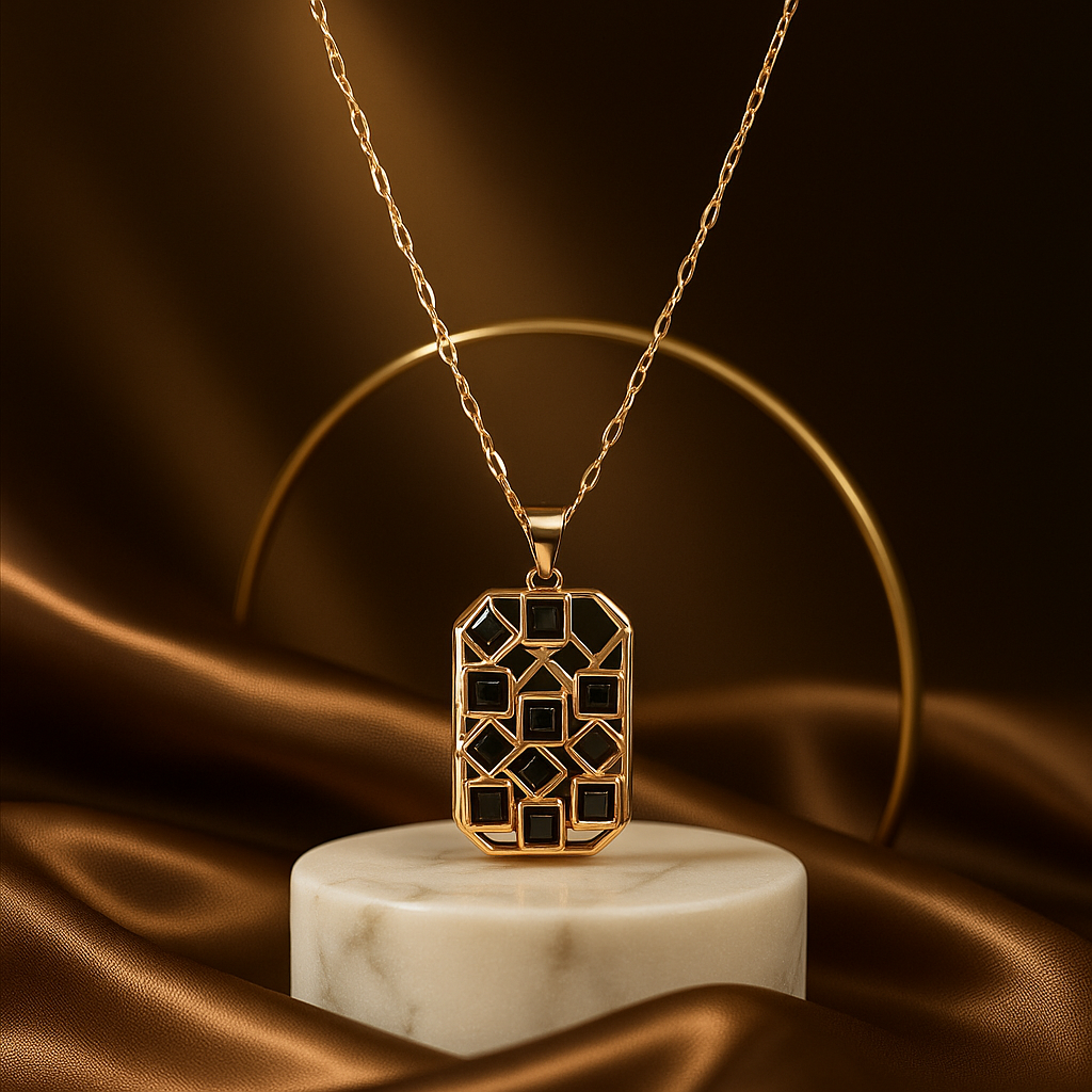 Art Deco Geometric Black Enamel Pendant Necklace