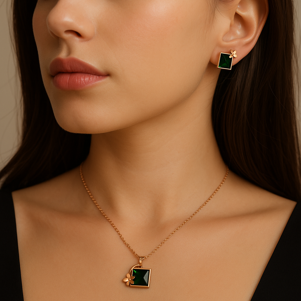 Emerald Square Jewelry Set | Rose Gold Waterproof Anti-Tarnish Necklace & Earrings