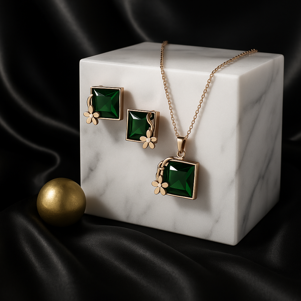 Emerald Square Jewelry Set | Rose Gold Waterproof Anti-Tarnish Necklace & Earrings