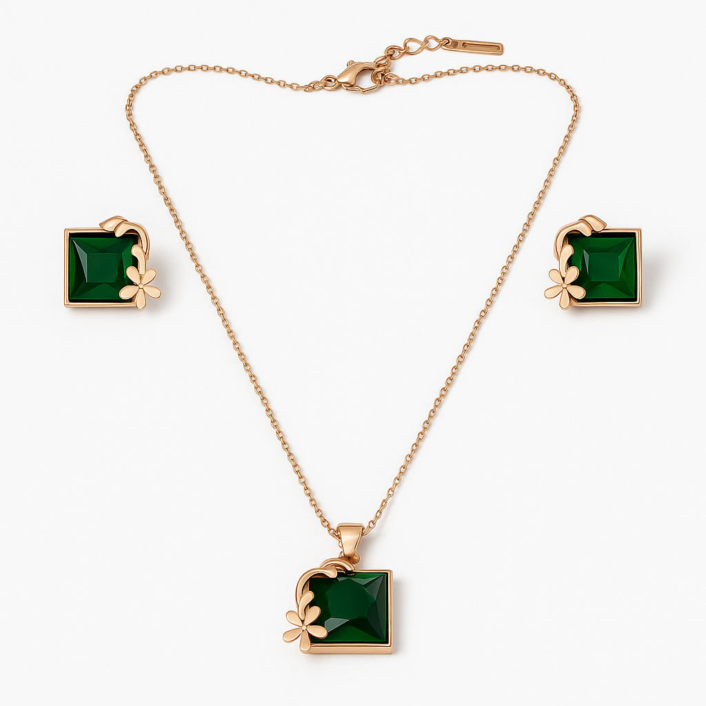 Emerald Square Jewelry Set | Rose Gold Waterproof Anti-Tarnish Necklace & Earrings