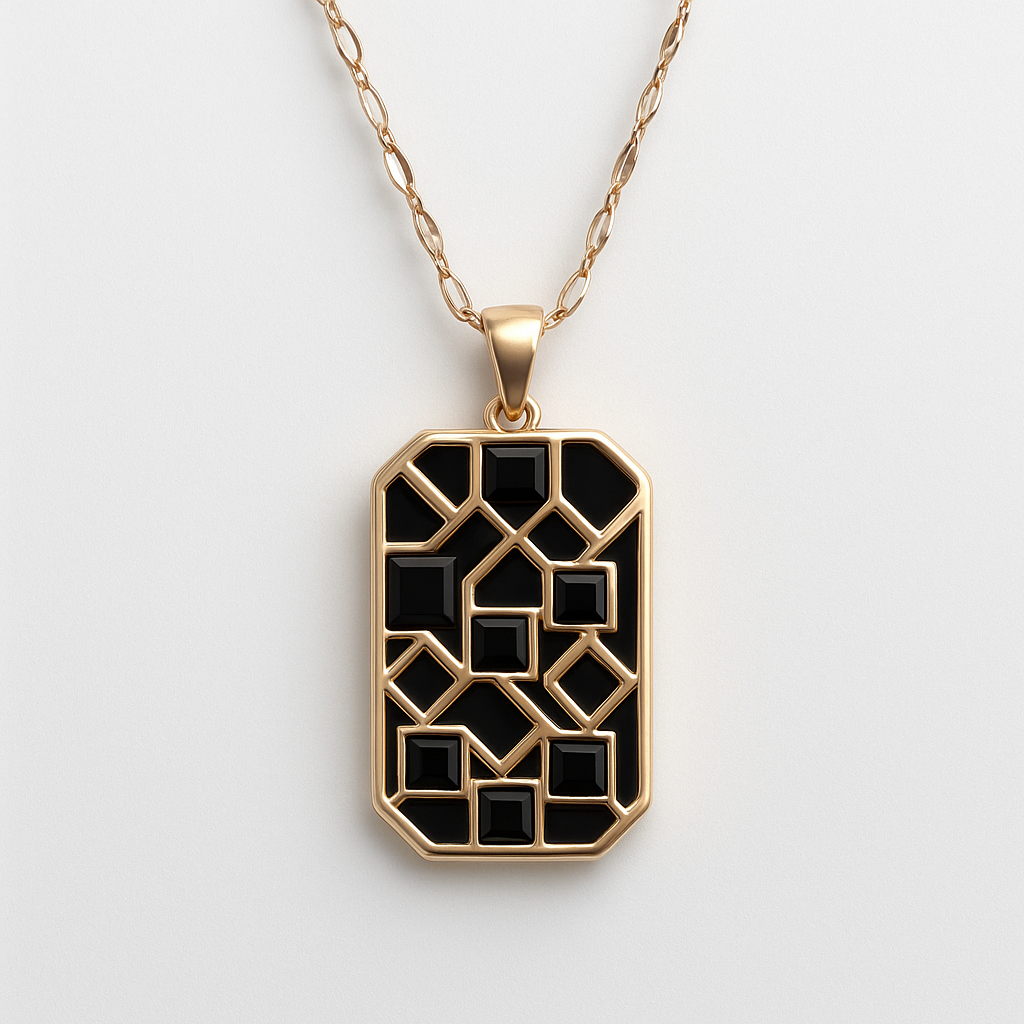 Art Deco Geometric Black Enamel Pendant Necklace