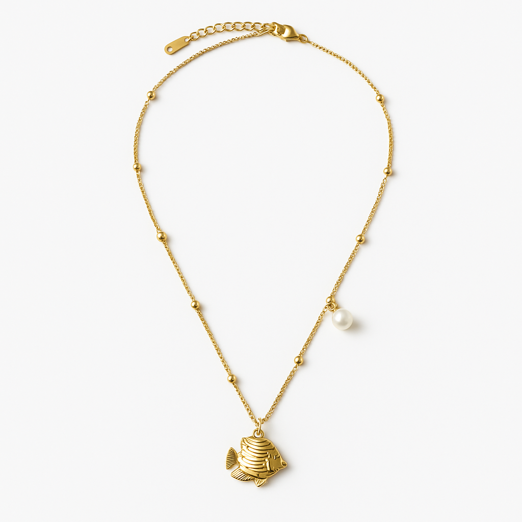 Fish Pearl Necklace | Nautical Waterproof Anti-Tarnish Gold Plated Pendant