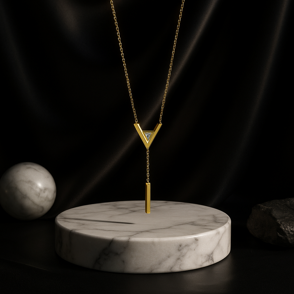 Golden Delta Lariat Necklace with Diamond Accents