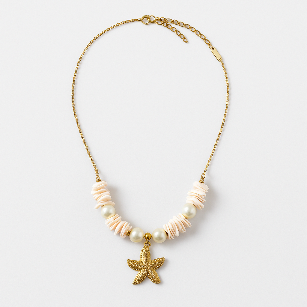 Starfish Shell Pearl Necklace | Waterproof Anti-Tarnish Gold Coastal Jewelry