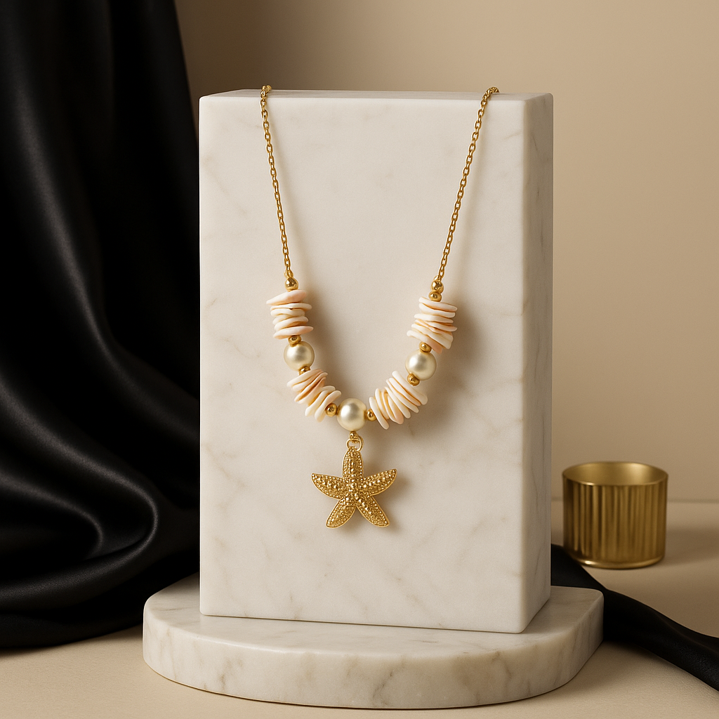 Starfish Shell Pearl Necklace | Waterproof Anti-Tarnish Gold Coastal Jewelry
