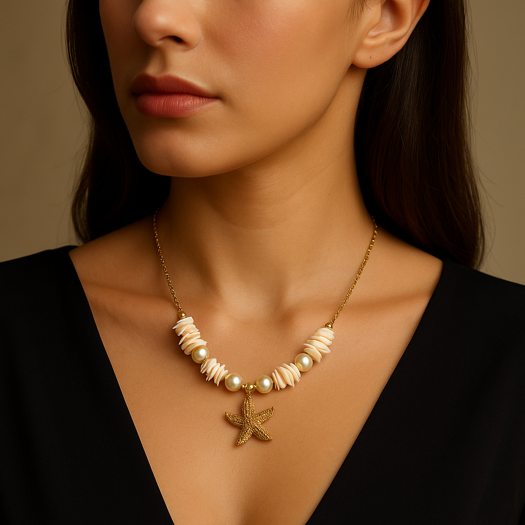 Starfish Shell Pearl Necklace | Waterproof Anti-Tarnish Gold Coastal Jewelry