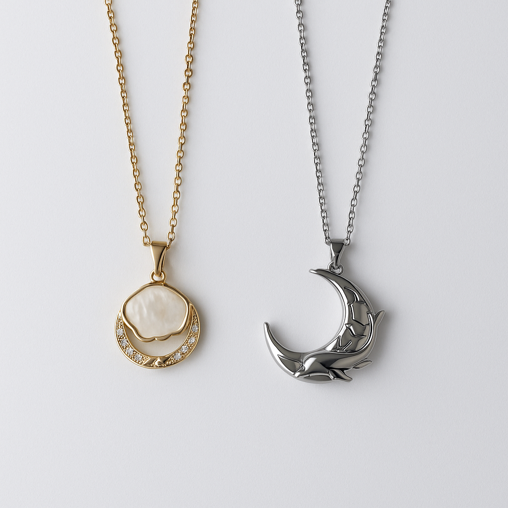Magnetic Dolphin Moon Necklace Set | Two-Tone Waterproof Anti-Tarnish Couples Pendants