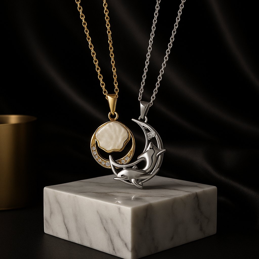Magnetic Dolphin Moon Necklace Set | Two-Tone Waterproof Anti-Tarnish Couples Pendants