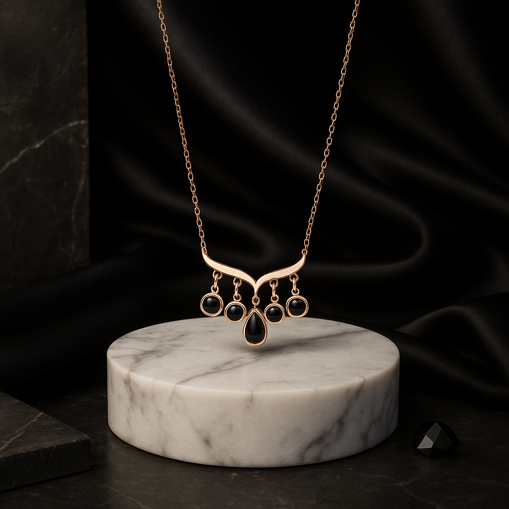 The Onyx Cascade Rose Gold Drop Necklace