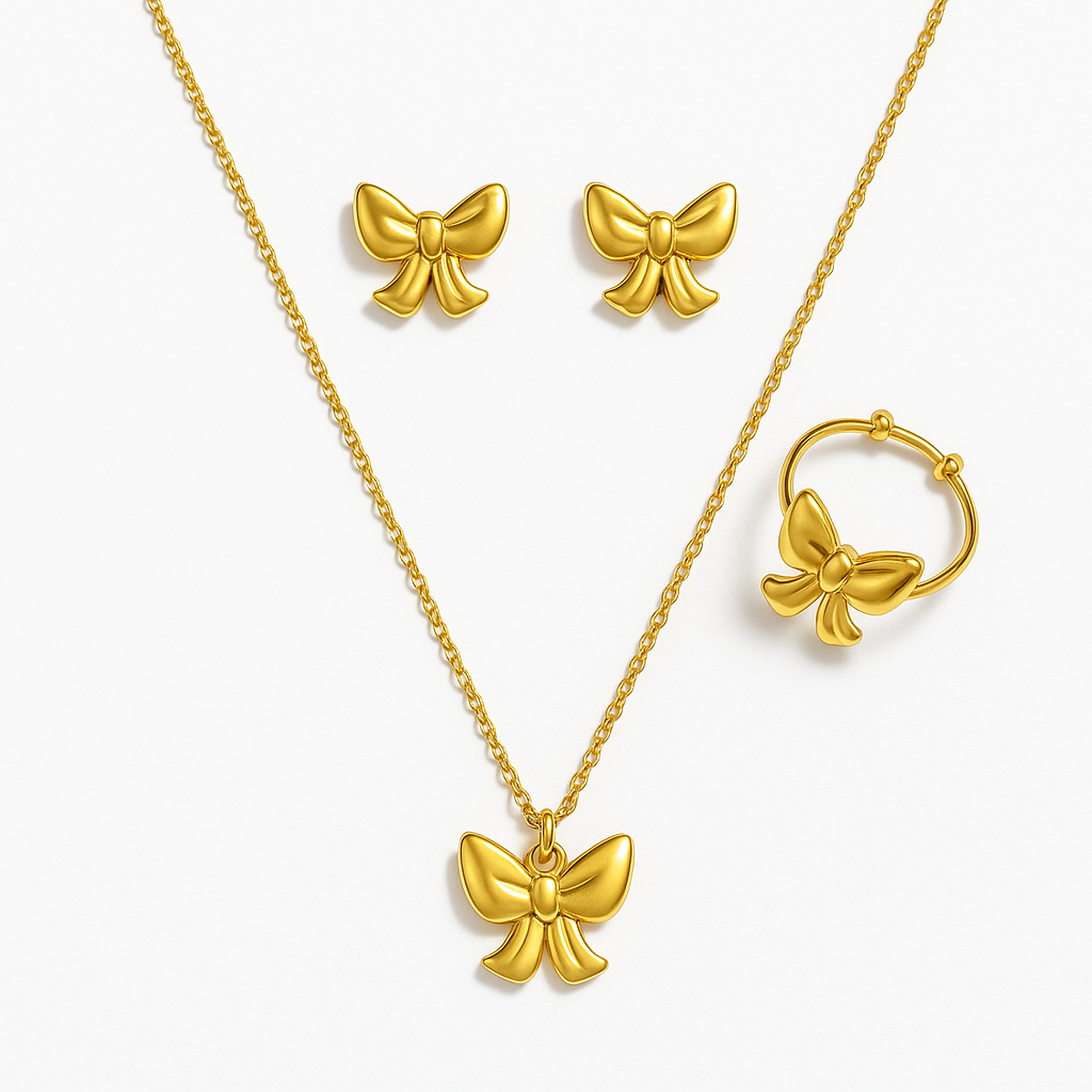 Dainty Bow Jewelry Set | 3-Piece Waterproof Anti-Tarnish Gold Necklace & Earrings