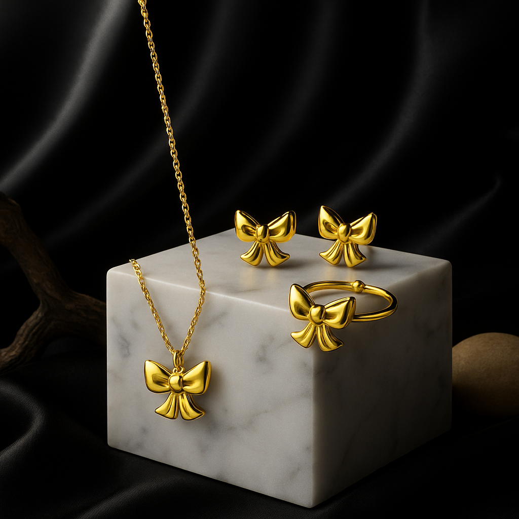 Dainty Bow Jewelry Set | 3-Piece Waterproof Anti-Tarnish Gold Necklace & Earrings