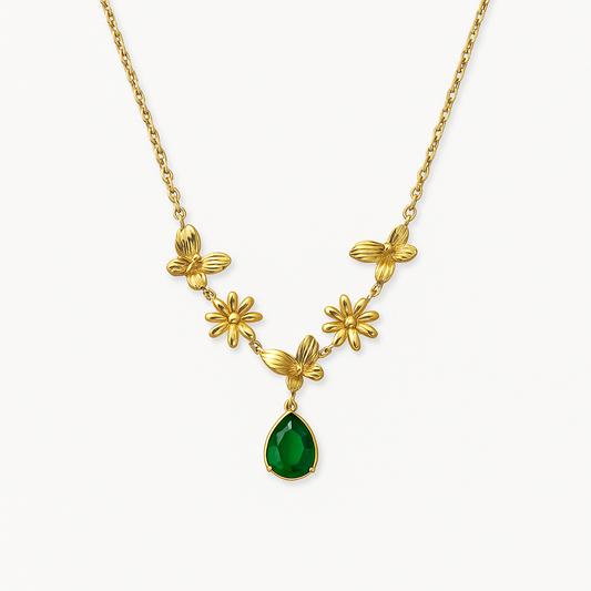 Floral Tear Drop Necklace | Emerald Green Waterproof Anti-Tarnish Gold Pendant