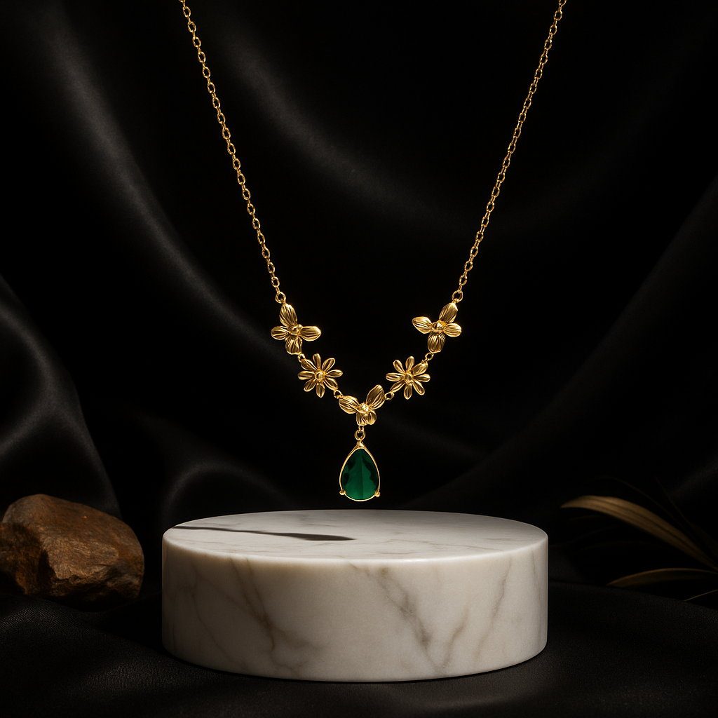 Floral Tear Drop Necklace | Emerald Green Waterproof Anti-Tarnish Gold Pendant