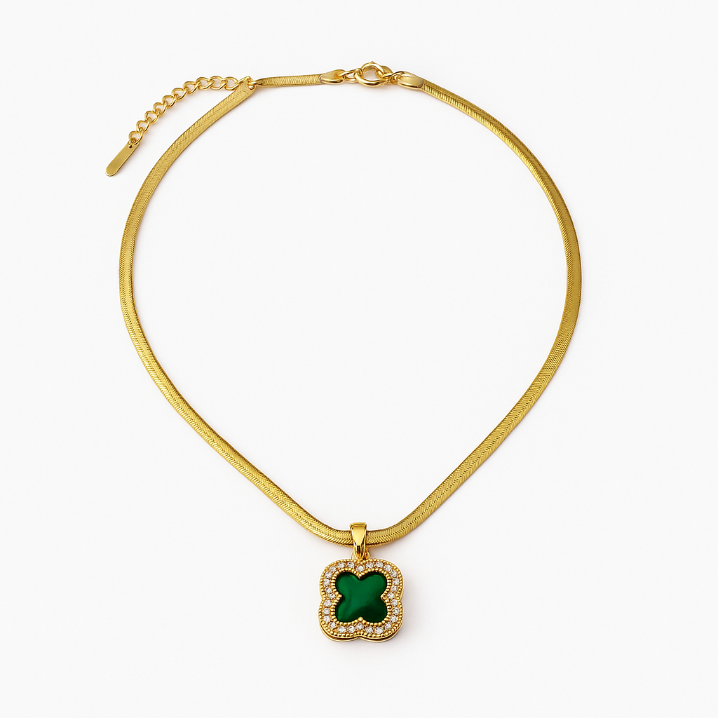 Green Clover Snake Chain Necklace | Tarnish-Free Gold Plated Pendant